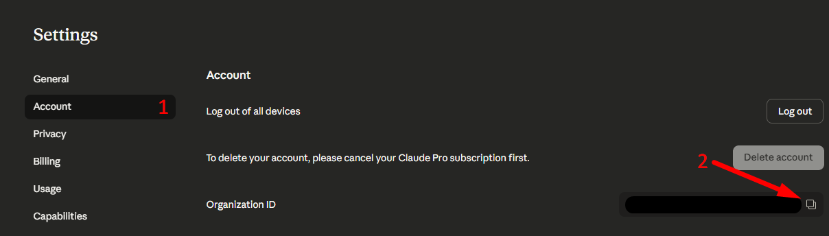 Organization ID в настройках claude.ai — нажмите на иконку копирования справа