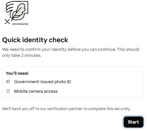 Окно Quick identity check: Claude запрашивает документ с фотографией и доступ к камере телефона для подтверждения личности.